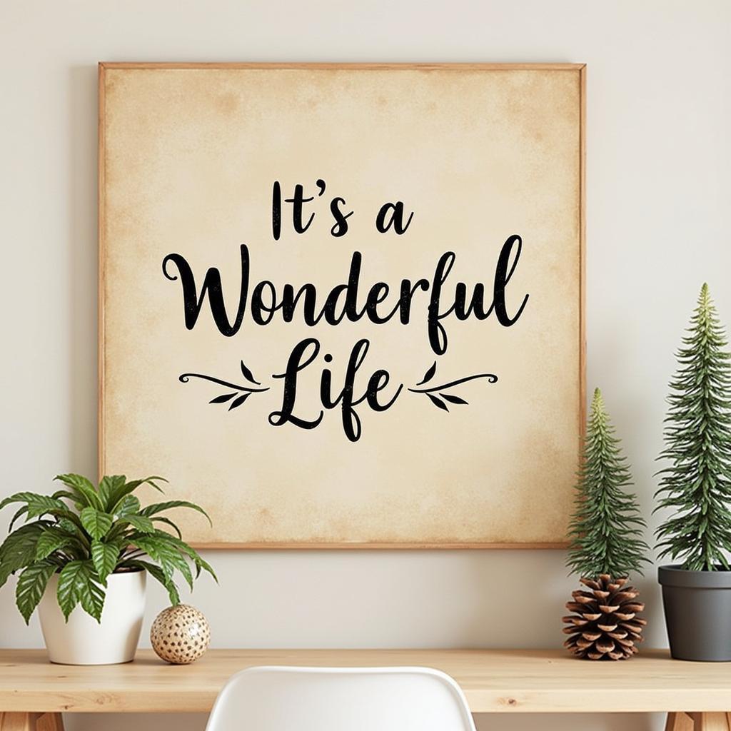 A vintage-style "It's a Wonderful Life" wall art piece with muted colors and a distressed finish, adding a touch of nostalgia to the room.