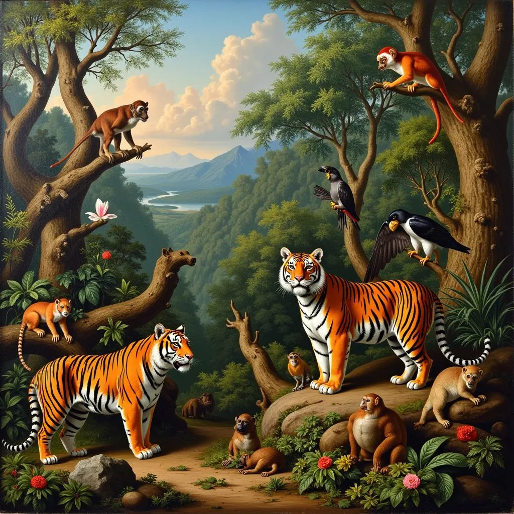 British Colonial Style Painting Featuring Tropical Animals