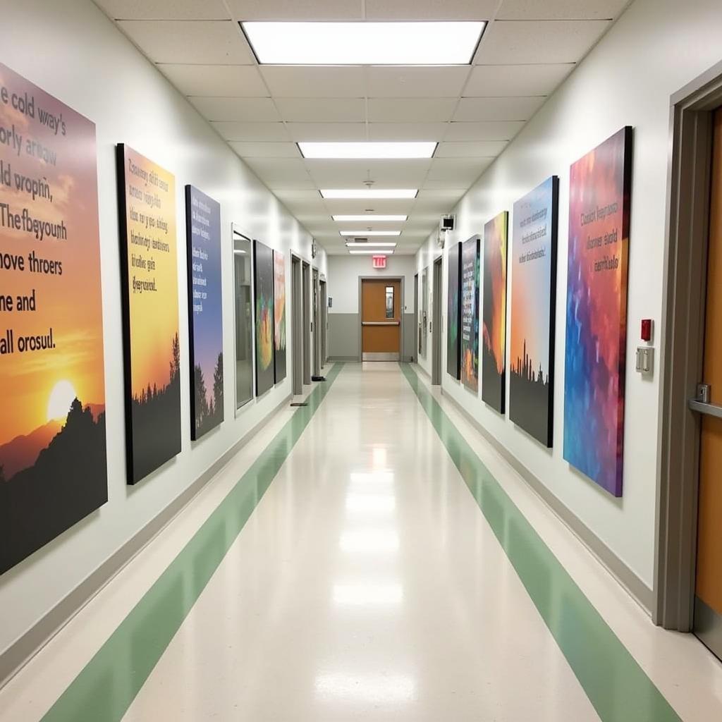 Hospital corridor decorated with inspiring quotes and uplifting imagery