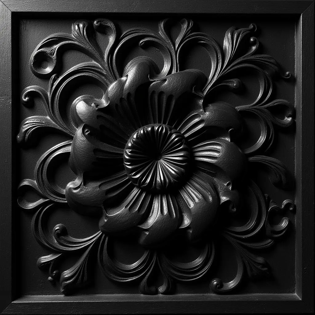 Black carved wood wall art depicting an abstract pattern