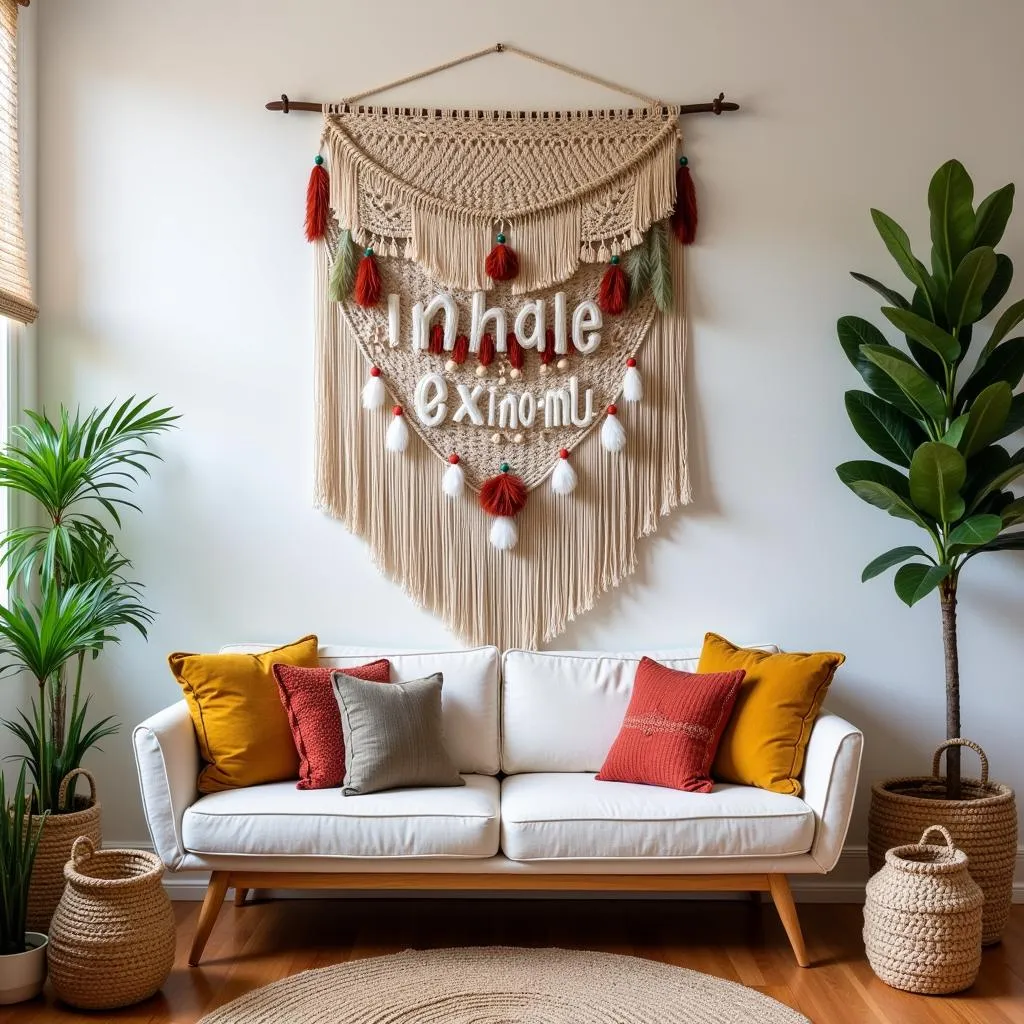 Bohemian style inhale exhale wall art with macrame and dreamcatchers