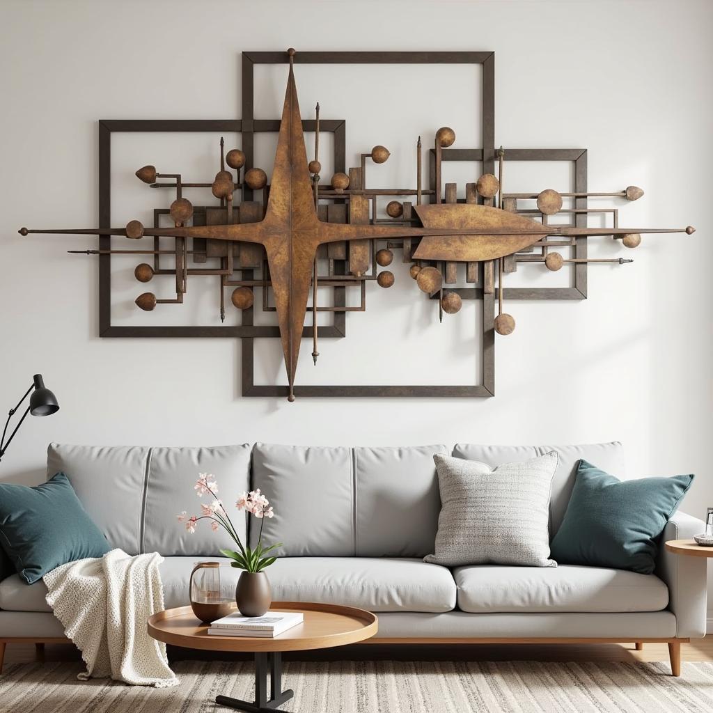 Abstract large metal wall art in a contemporary living room