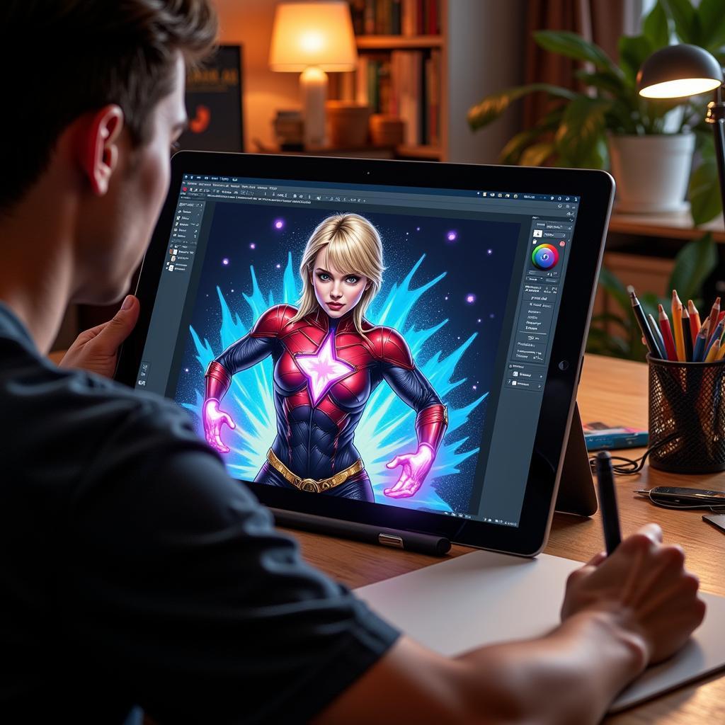 Digital comic book art displayed on a tablet