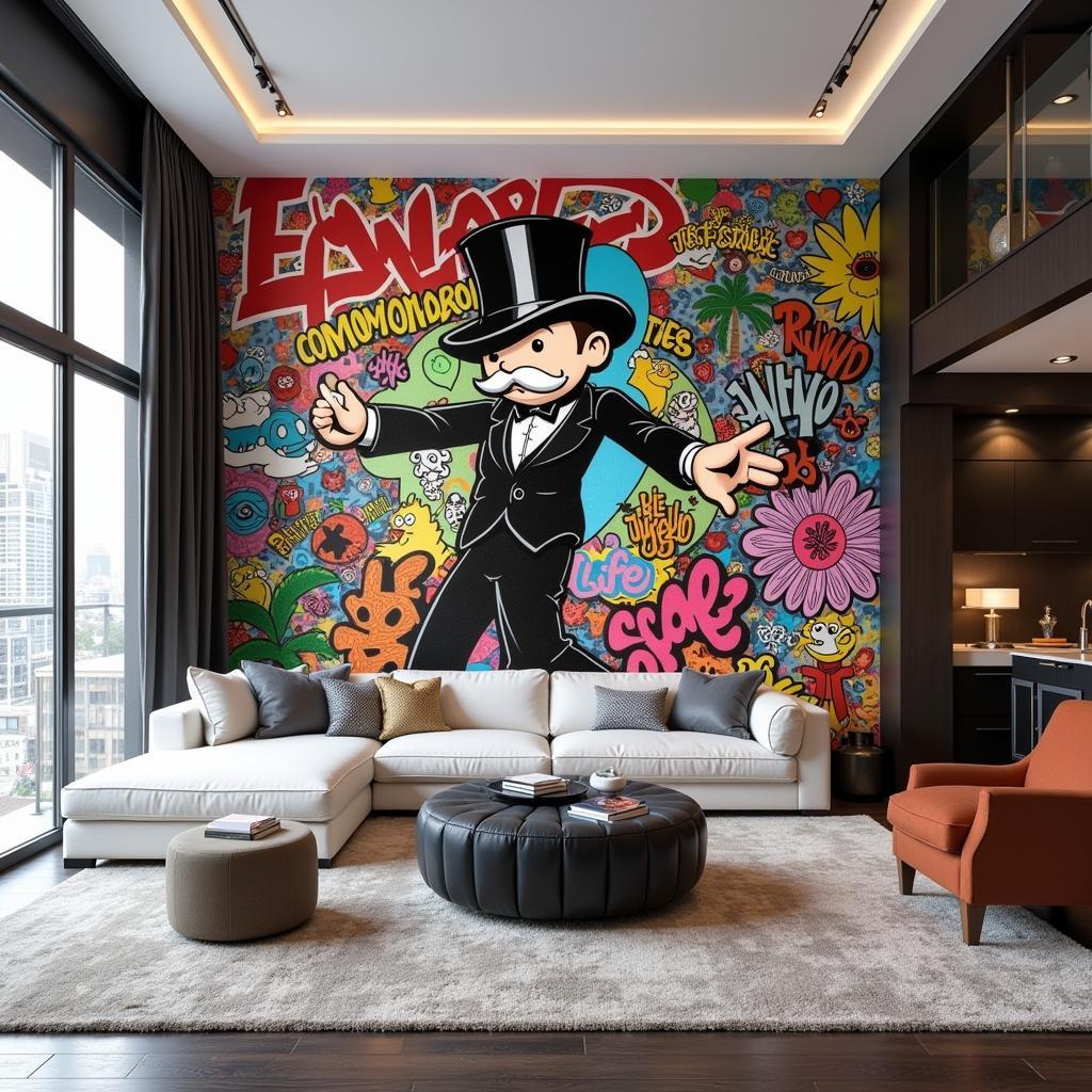 Tranh tường Alec Monopoly trong phòng khách hiện đại