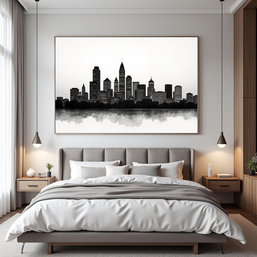 Bức tranh tường Atlanta skyline treo phía trên giường ngủ trong phòng ngủ hiện đại