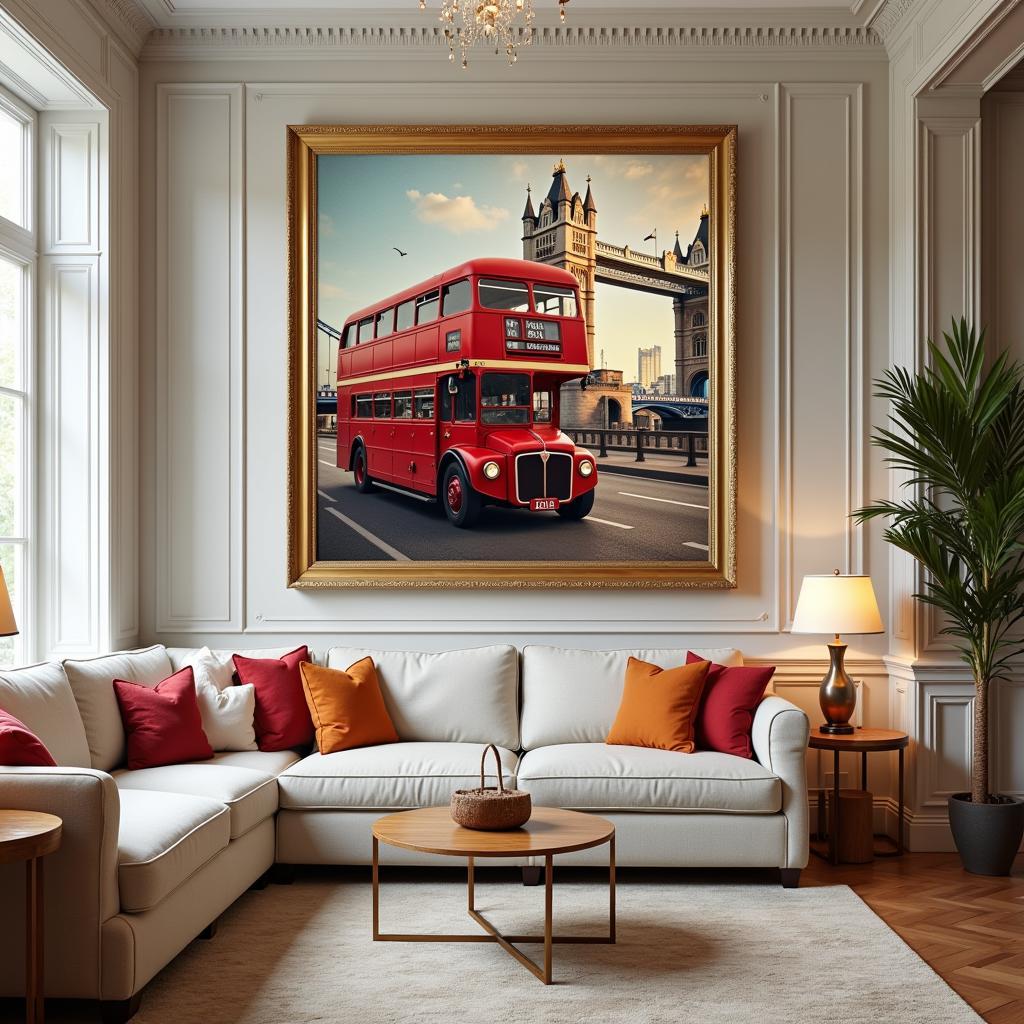 Vintage London bus wall art in a classic living room