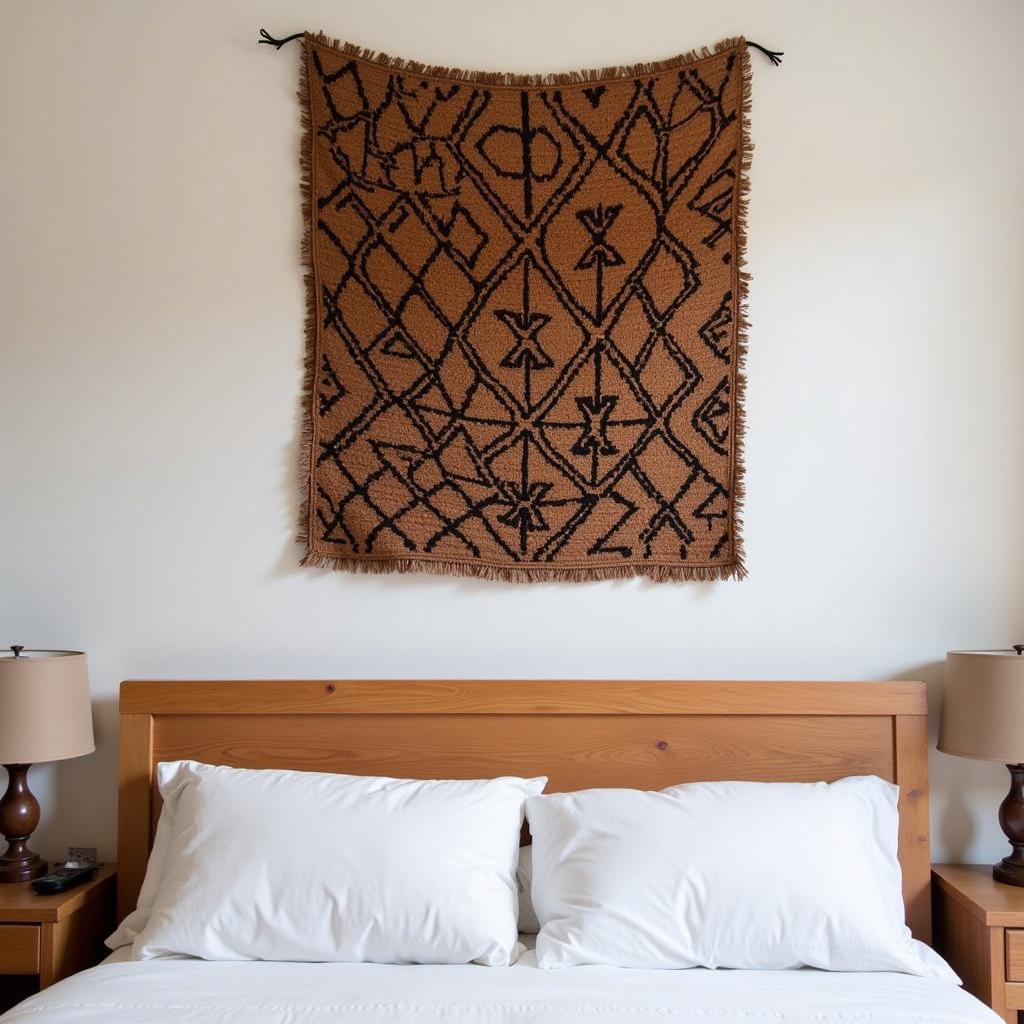 Mudcloth wall hanging in a bedroom