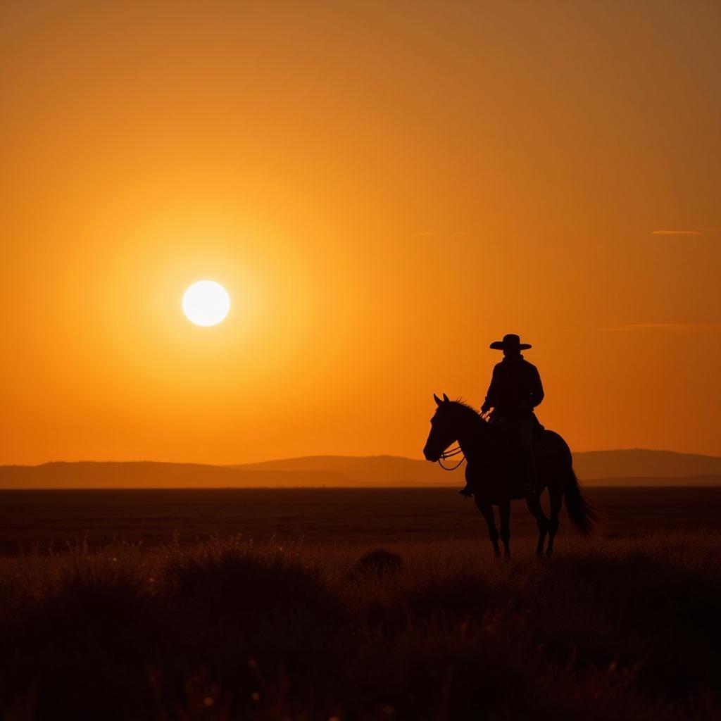 A classic depiction of a cowboy on horseback, riding through a vast, open plain under a dramatic sunset sky