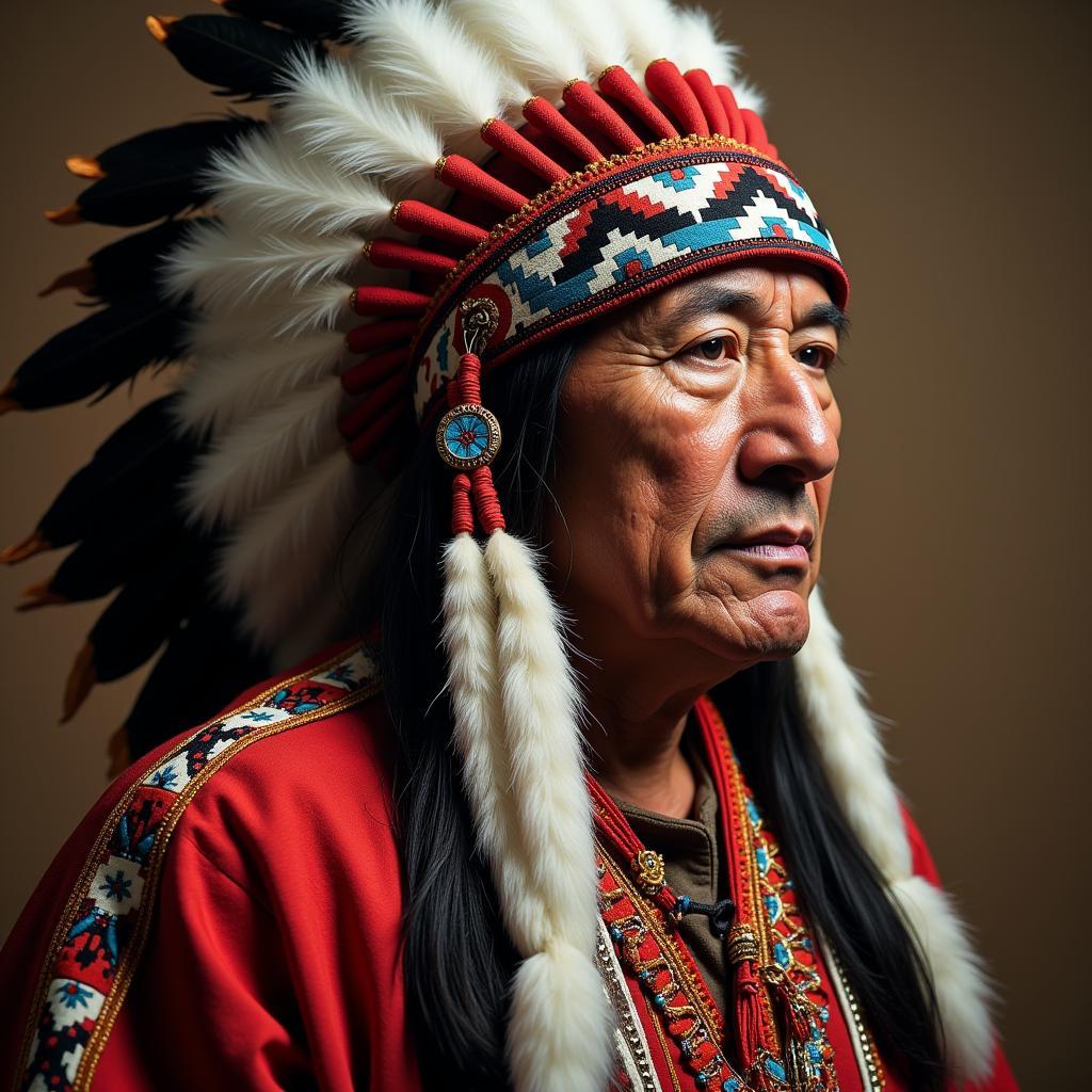 A portrait of a Native American chief, with intricate details of his headdress and traditional attire