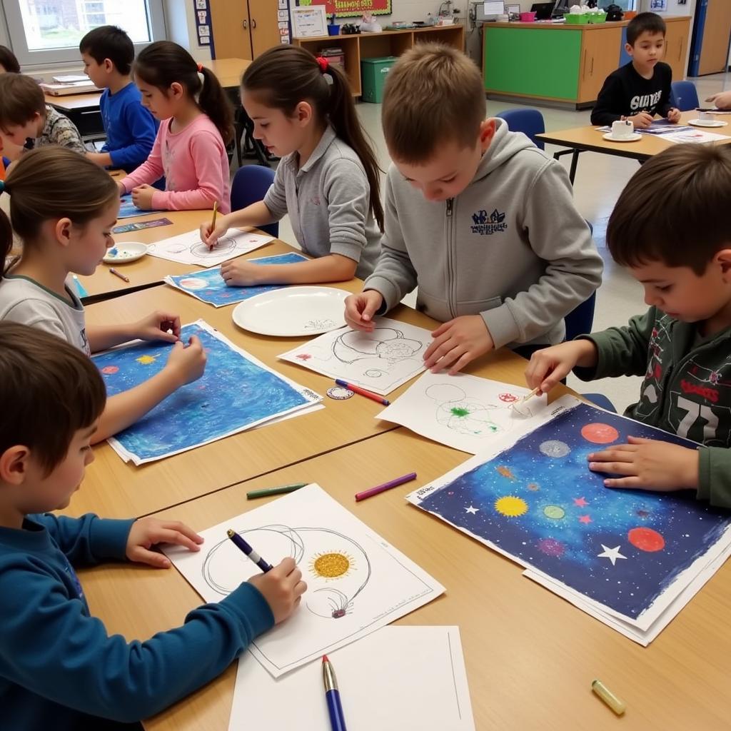 Children creating artwork inspired by a science lesson