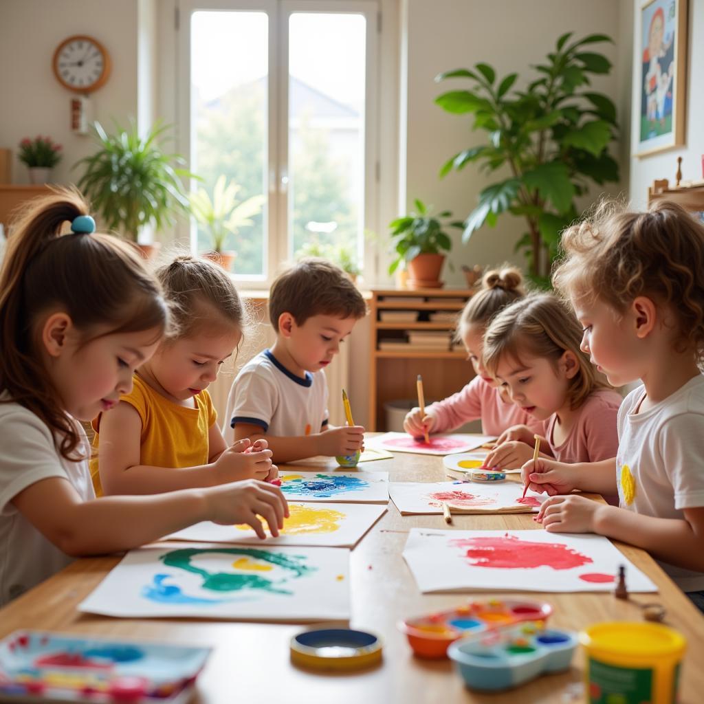 Children painting in a Montessori classroom