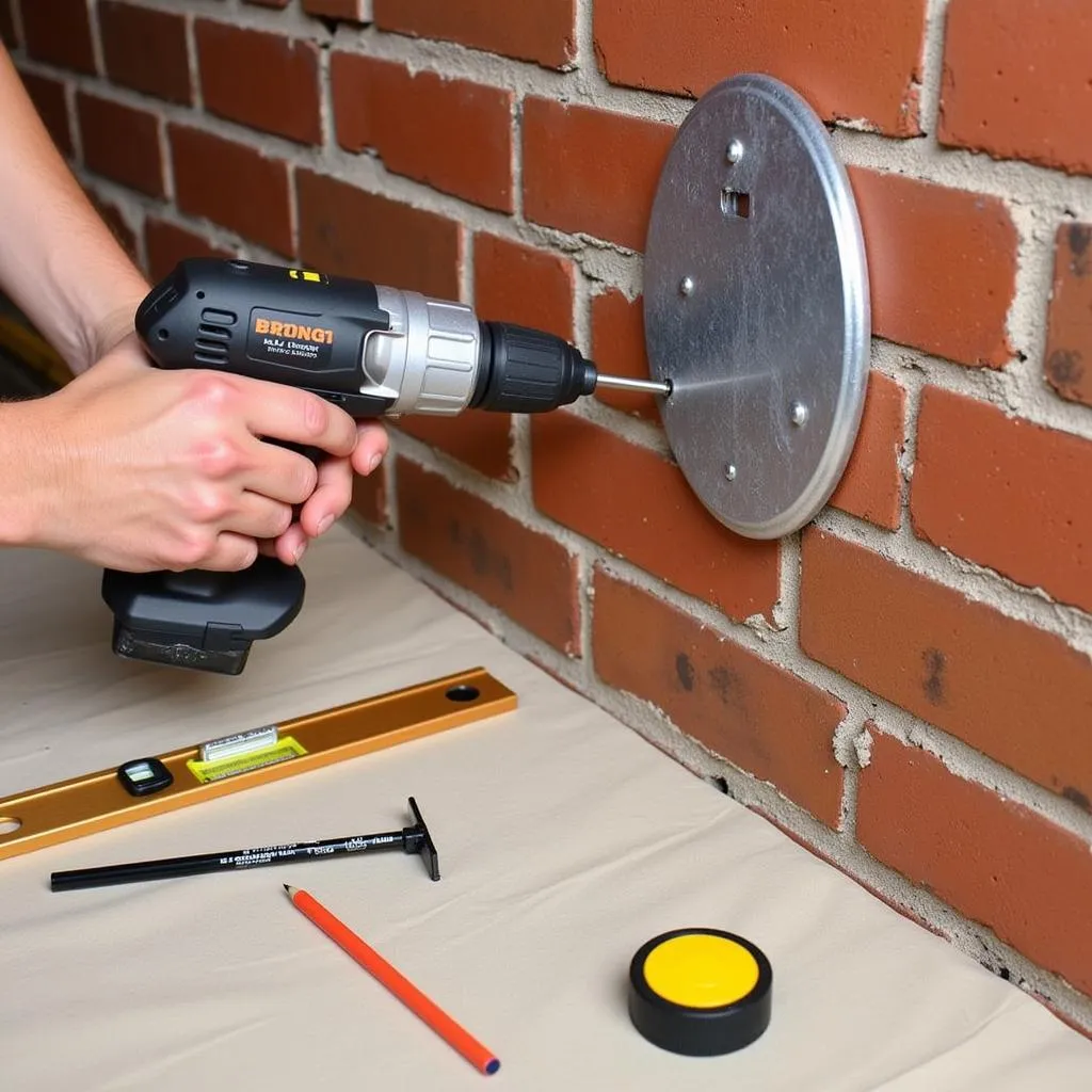 Hanging metal wall art on a brick wall