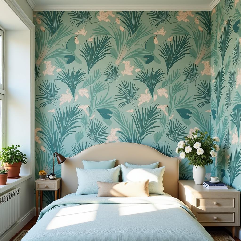 Tropical Art Deco Wallpaper in a Bedroom