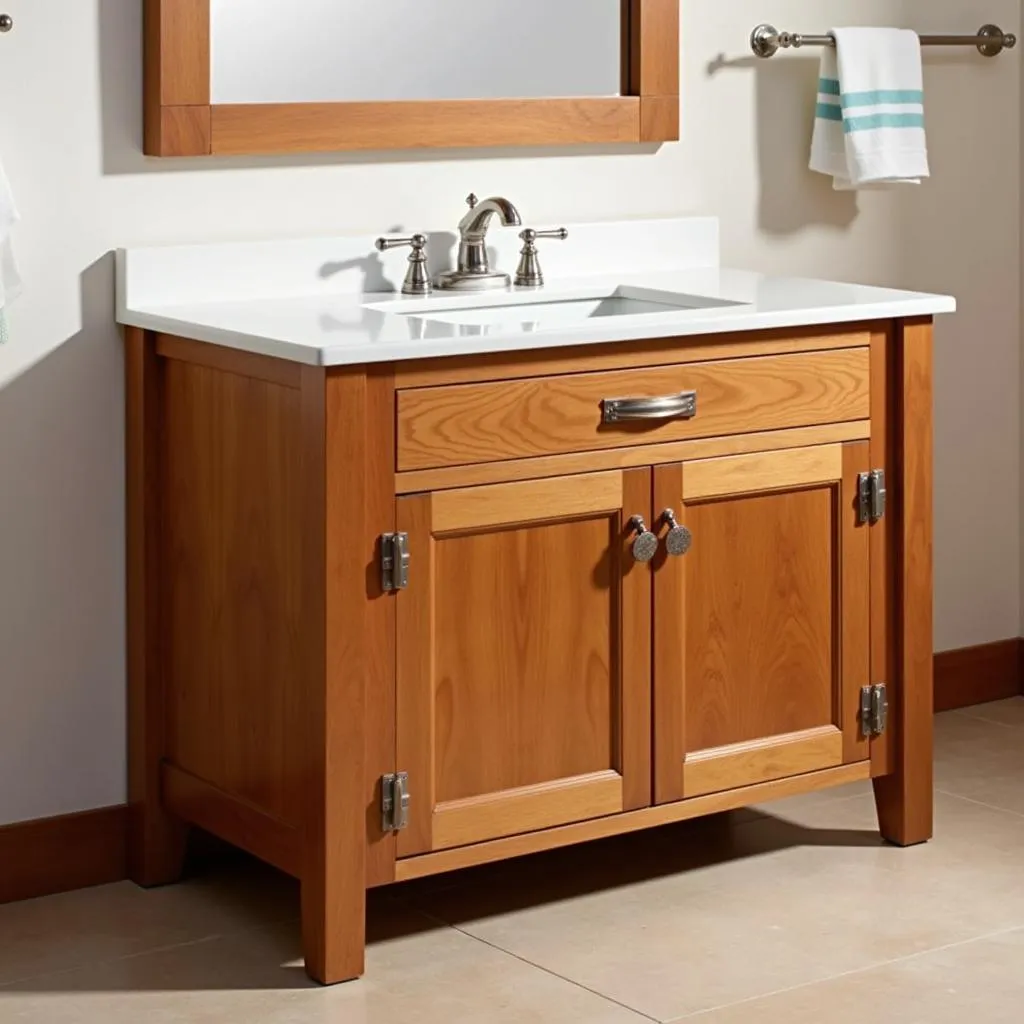 Arts and Crafts style bathroom vanity with natural wood and porcelain sink