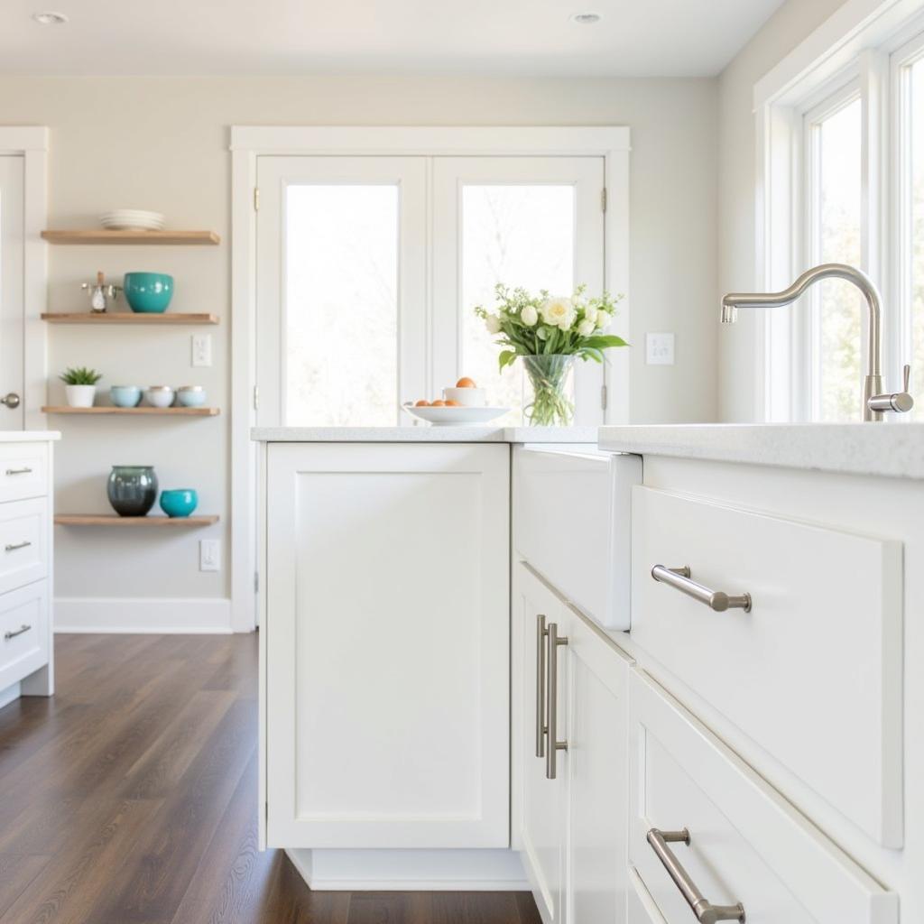 A modern kitchen featuring Art Deco cabinet handles.