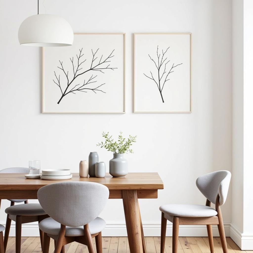 Modern twig wall art in a minimalist dining room