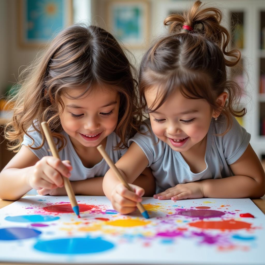 Twin siblings collaborating on a vibrant abstract painting