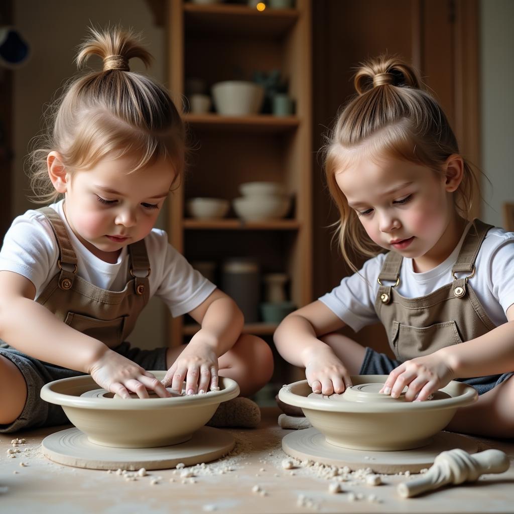 Twins working side-by-side in a pottery workshop, their hands molding clay with practiced ease