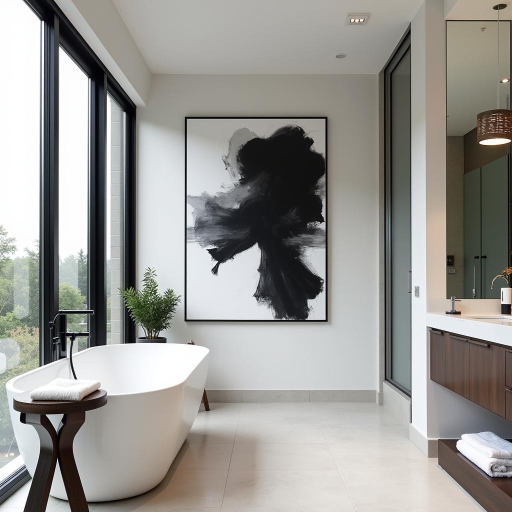 Modern bathroom with minimalist black and white abstract art