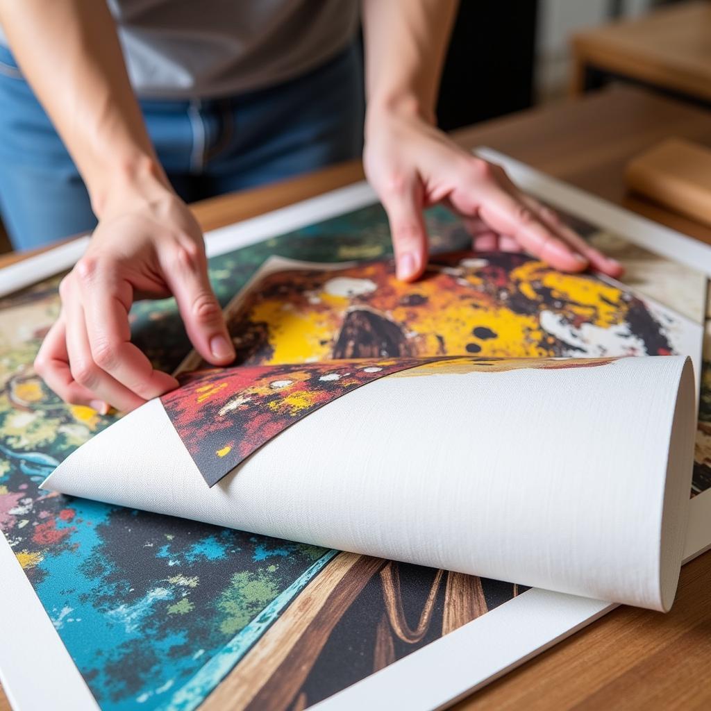 Unstretched canvas art print being carefully unrolled