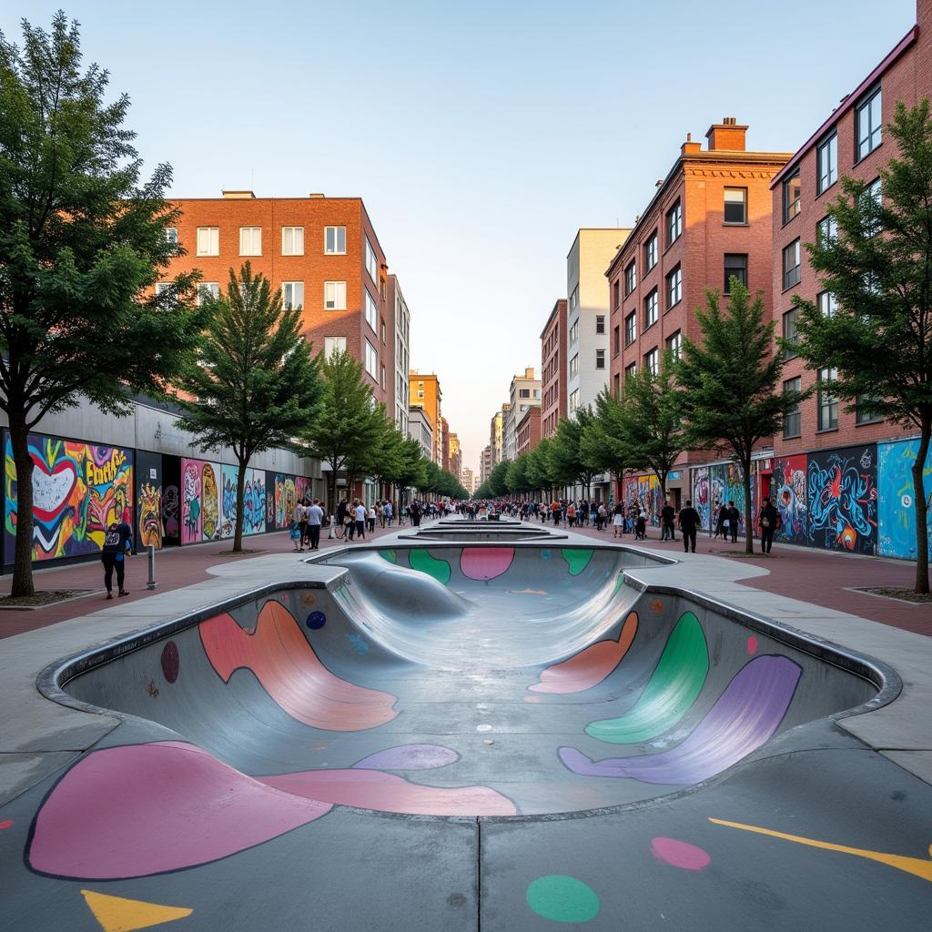 Skatepark adorned with vibrant street art murals