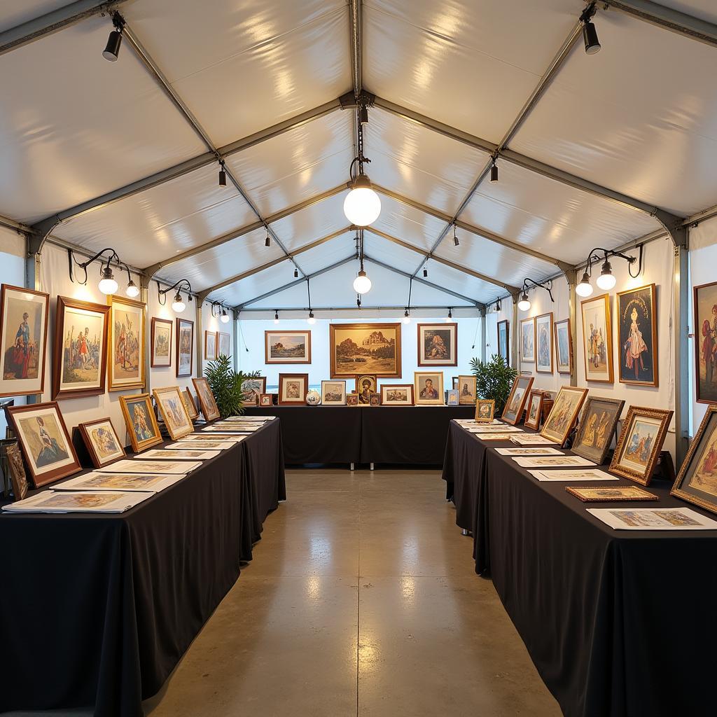 Used art show tent interior with artwork display