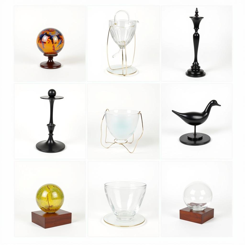 A variety of glass art stands showcasing different materials and designs.