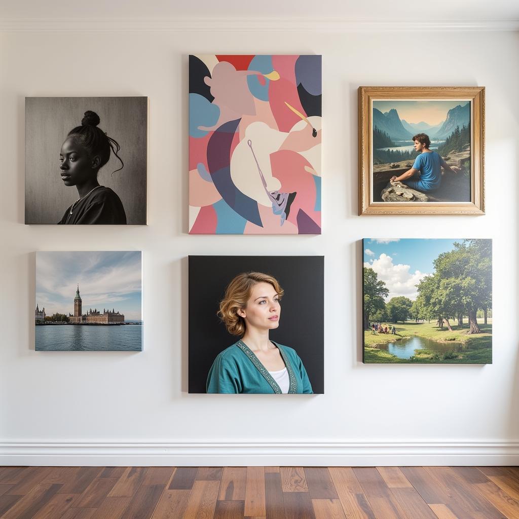 Various Styles of Stretched Canvas Art displayed in a gallery