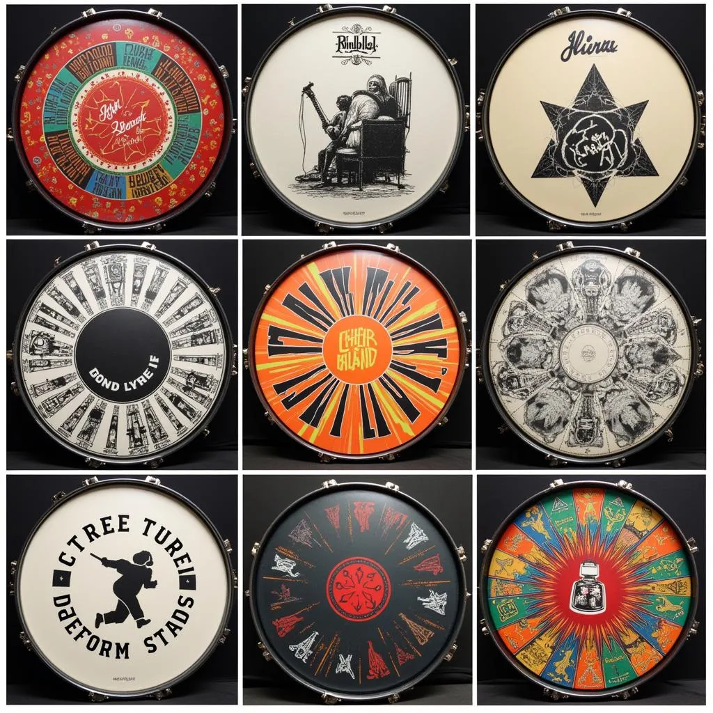 Various bass drum heads with different art patterns