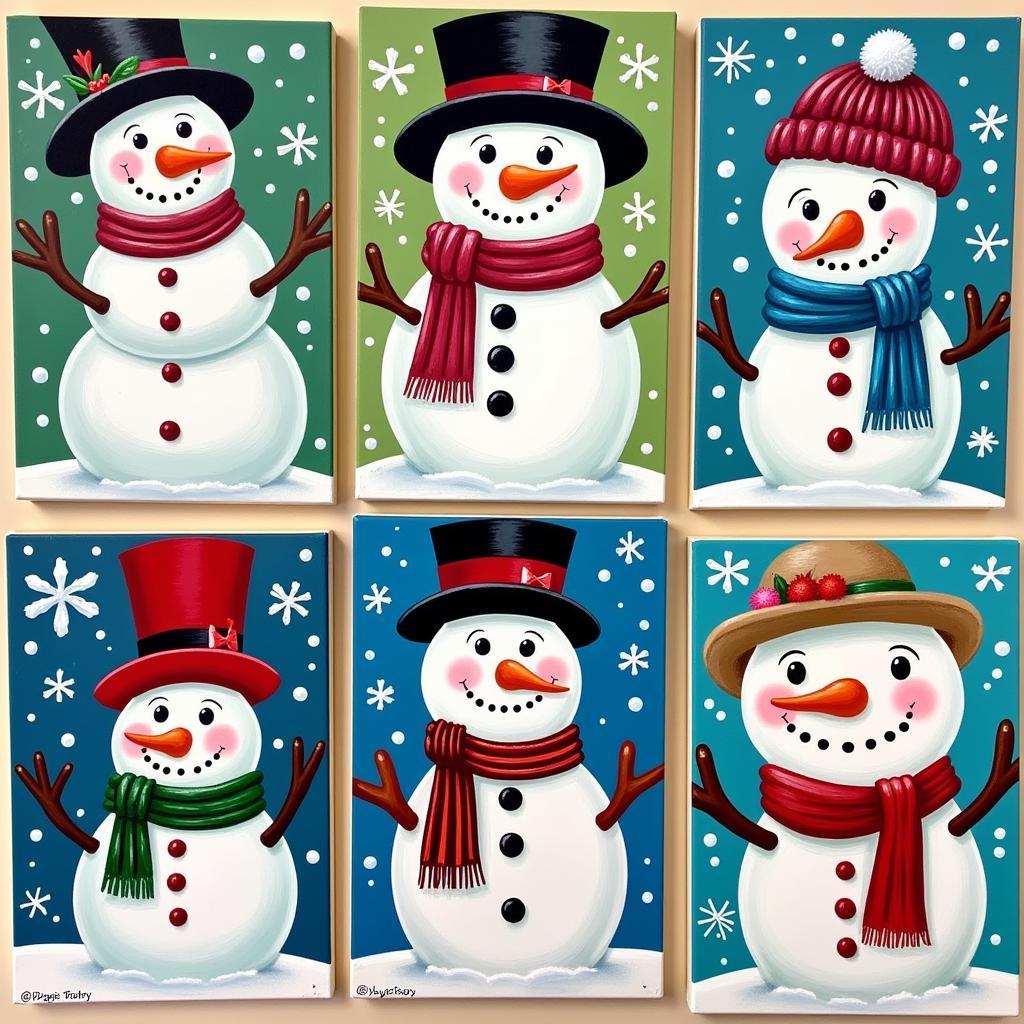 Whimsical folk art snowman paintings