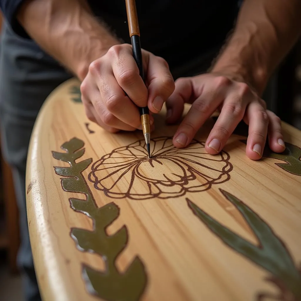 Hand-painting on a wooden surfboard with natural patterns