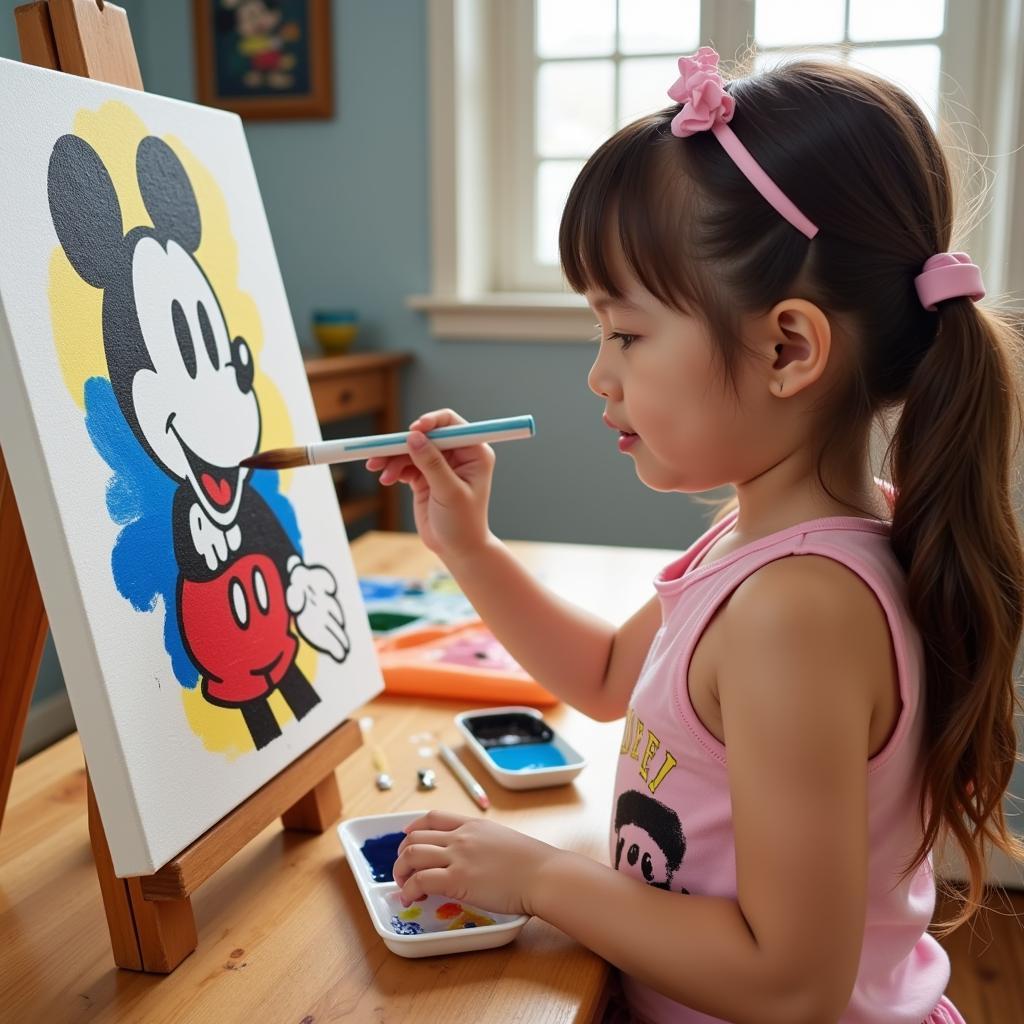 Bé gái đang tập vẽ tranh canvas Disney hình chuột Mickey