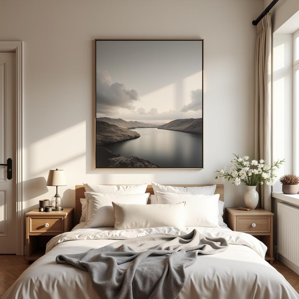 Serene Bedroom with Vertical Canvas Wall Art