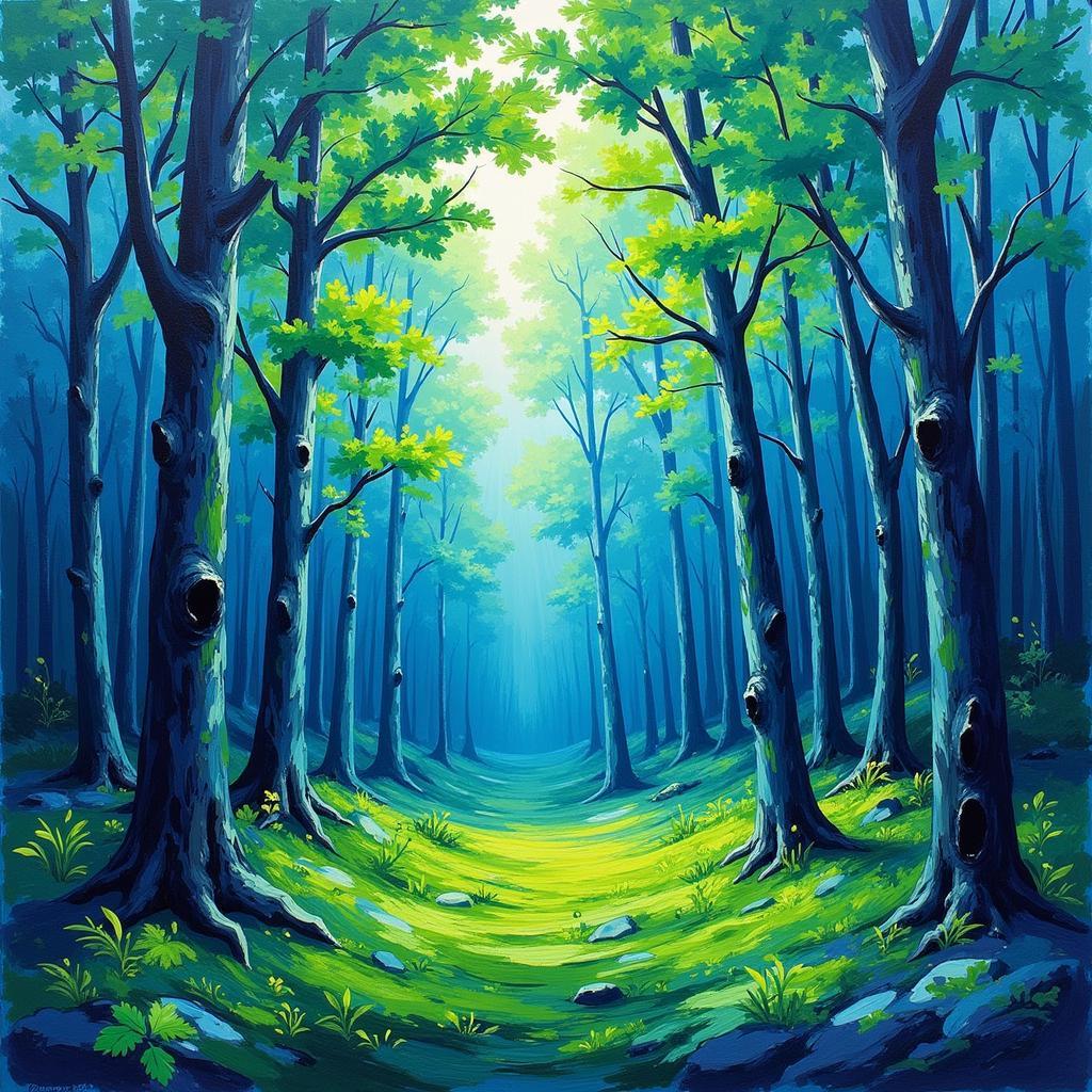 Vibrant Blue Green Abstract Forest Landscape