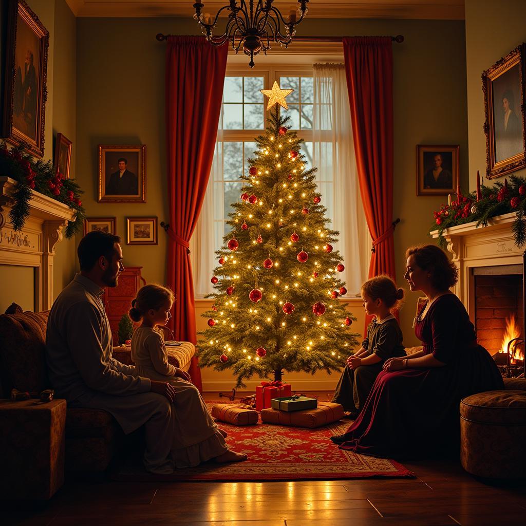 Victorian Christmas Family Gathering Around a Decorated Tree