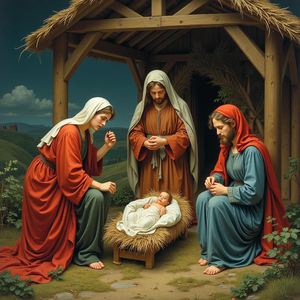 Victorian Christmas Nativity Scene in Pre-Raphaelite Style