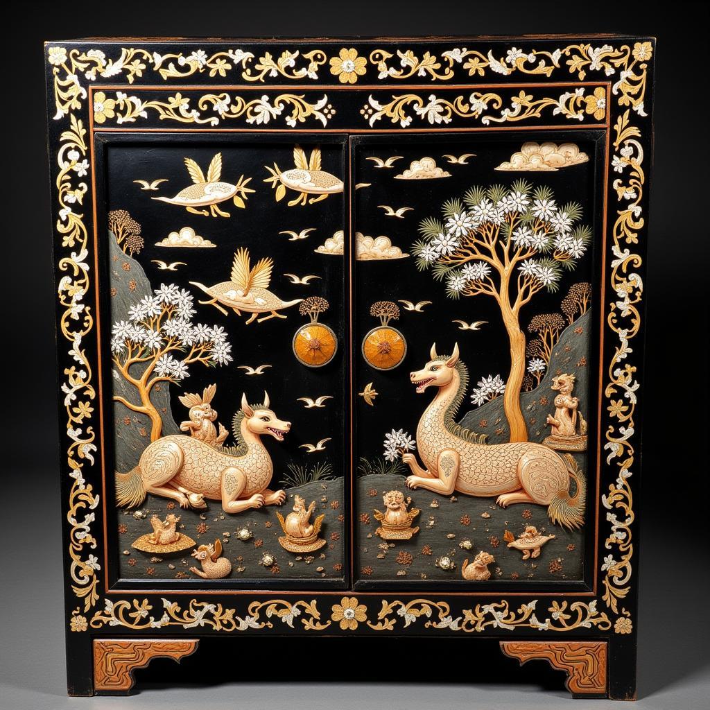 Traditional Vietnamese lacquerware with intricate mother-of-pearl inlay