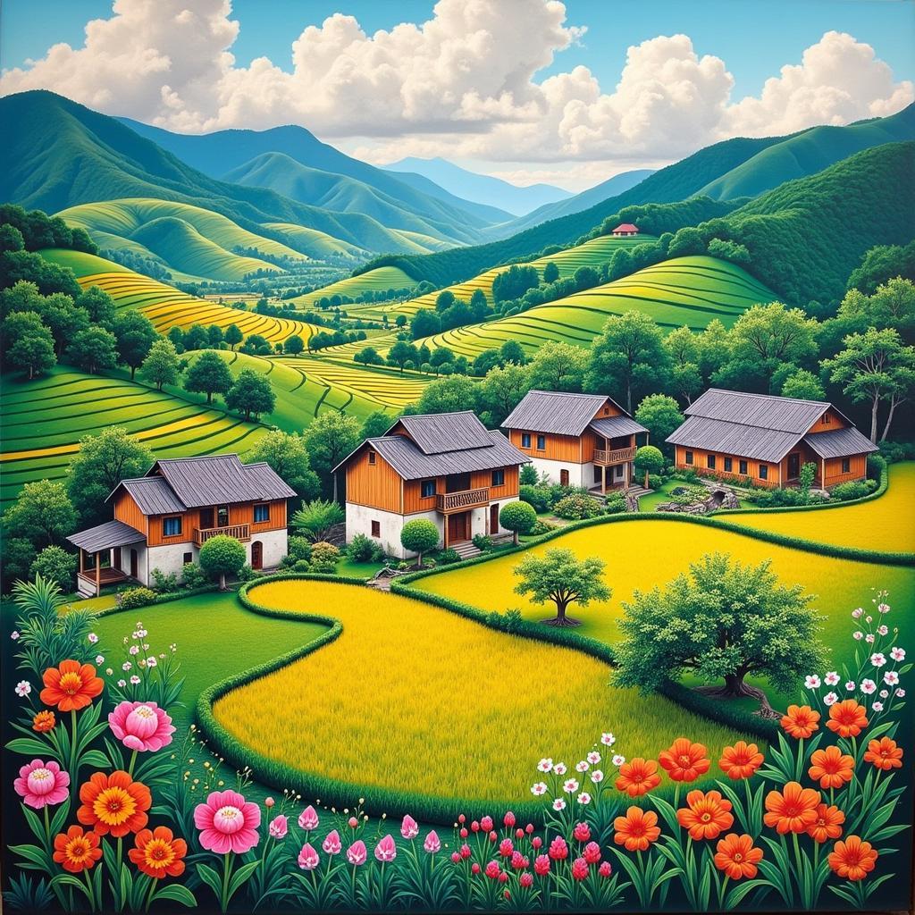 Vietnamese silk painting depicting a rural landscape