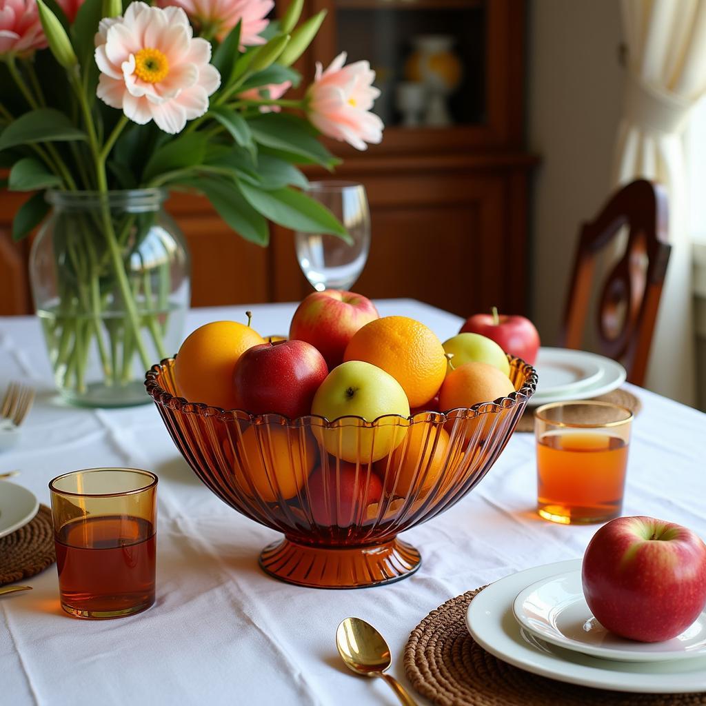 A vintage Art Deco amber glass bowl used as a centerpiece, filled with fresh fruit