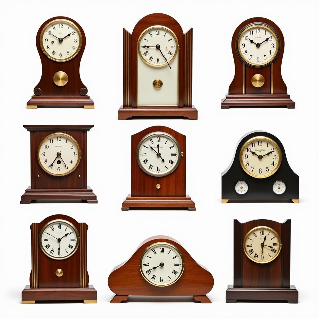 Various styles of vintage Art Deco clocks on display