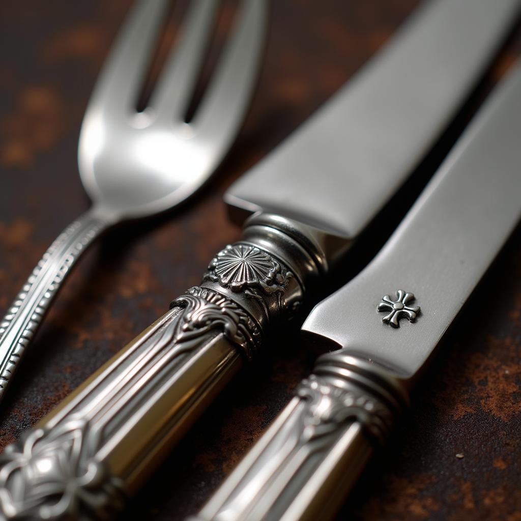 Close-up of vintage Art Deco silverware with intricate design