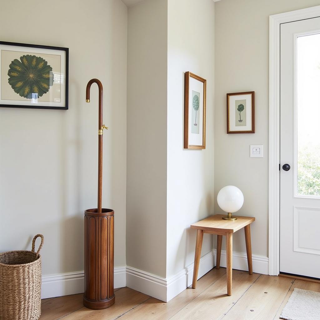 A vintage Art Deco umbrella stand placed in a grand entryway with a checkered floor, complementing the overall aesthetic.