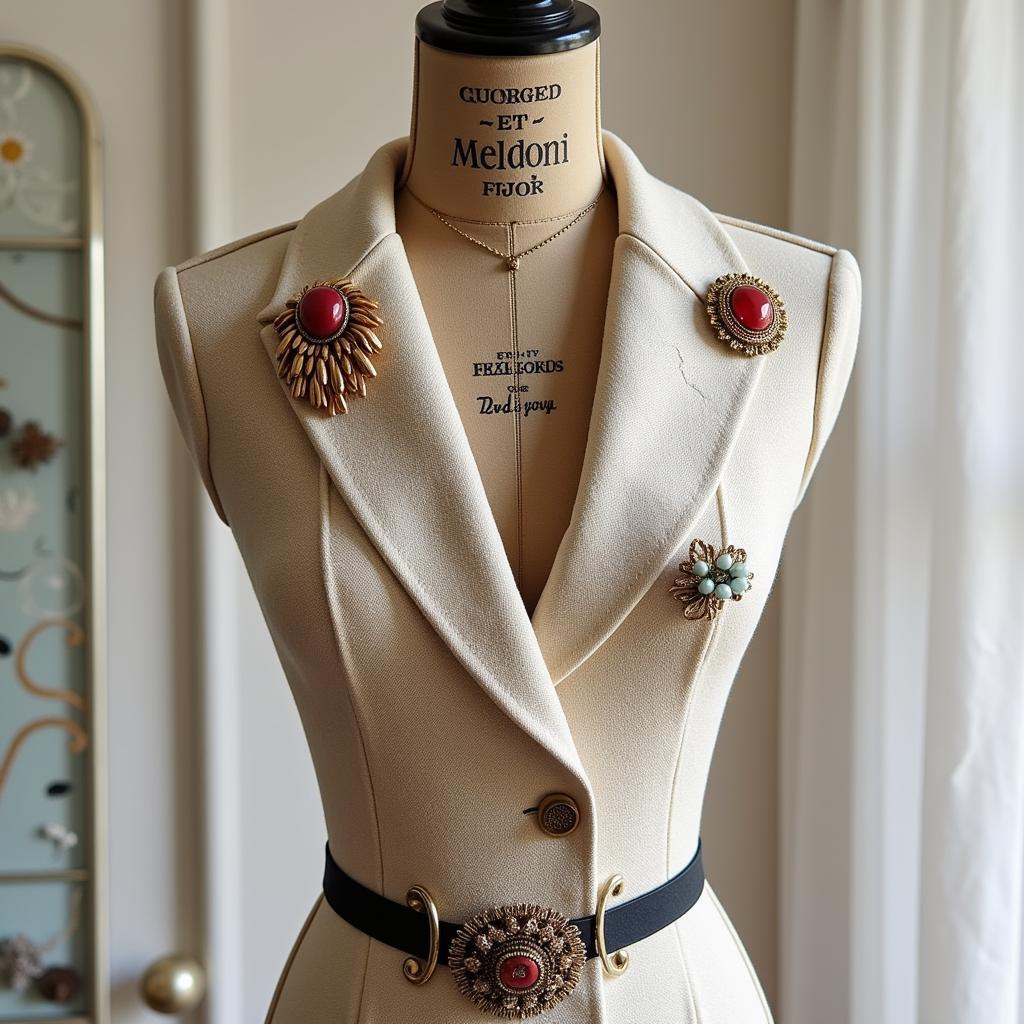 Vintage Brooches Displayed on Fabric Mannequin