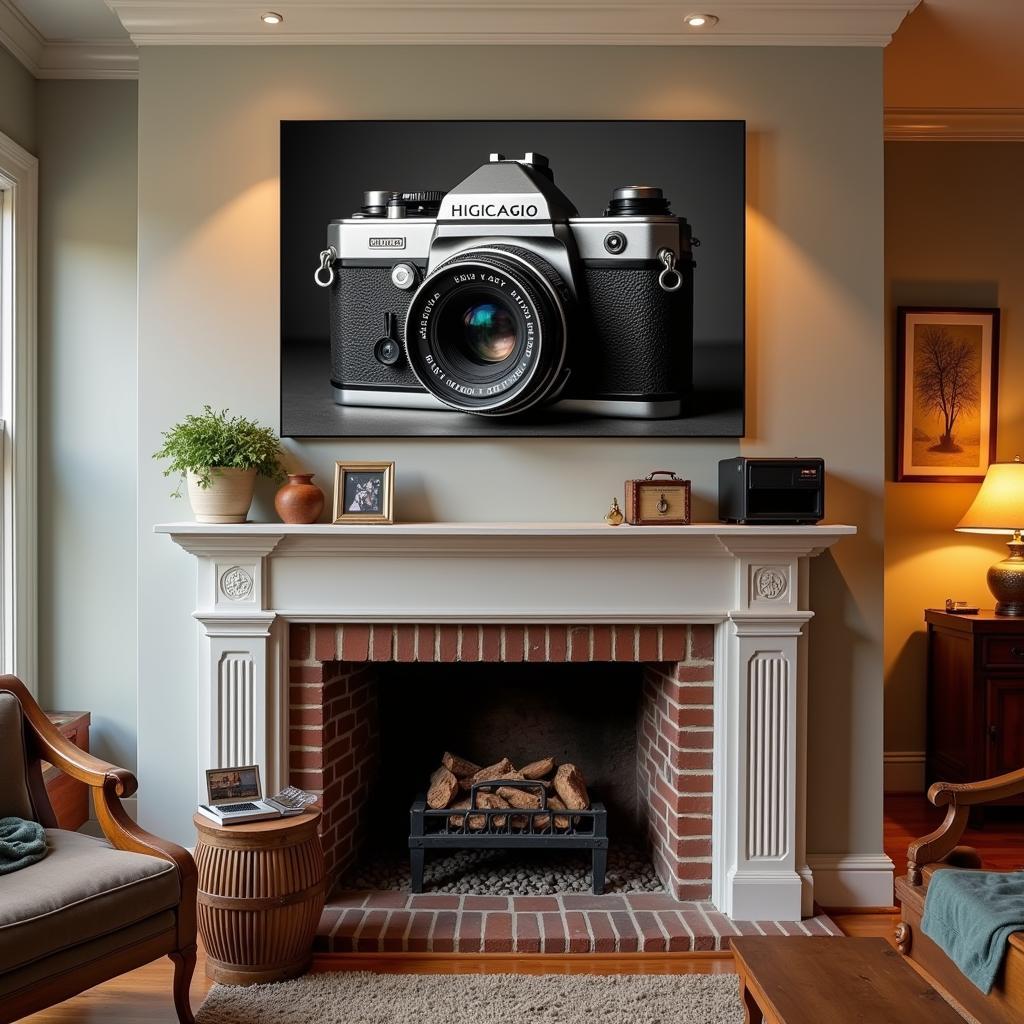 Vintage camera wall art in a living room setting