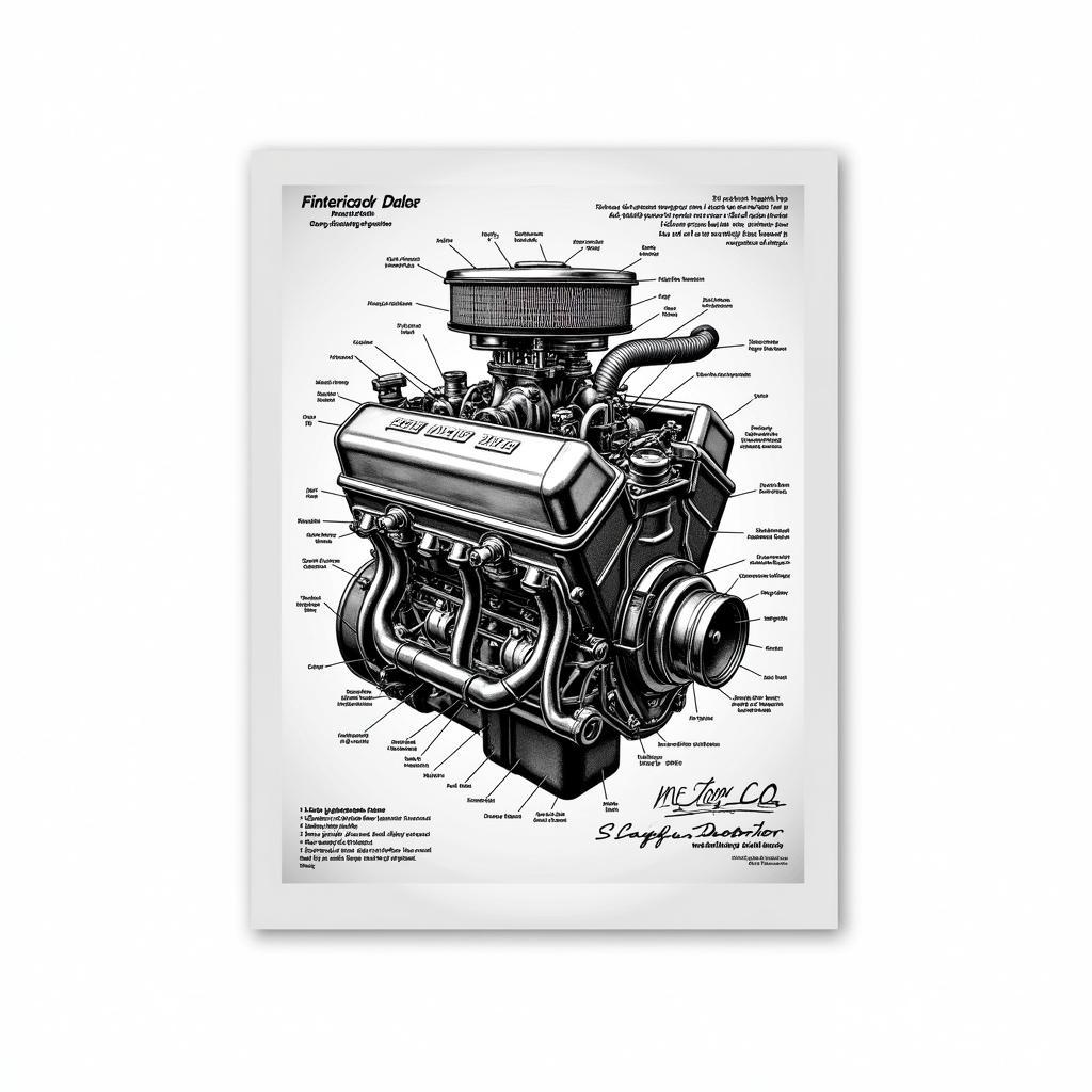 Detailed Technical Drawing of a Vintage Car Engine