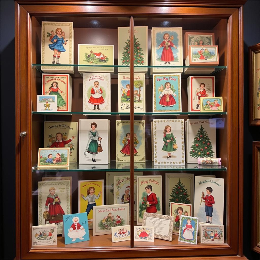 A collection of vintage Christmas cards showcasing various artistic styles and motifs.