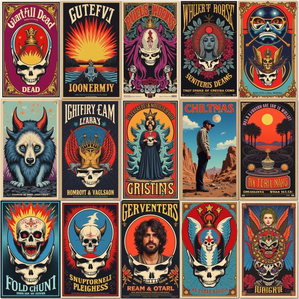 A collection of vintage Grateful Dead concert posters.