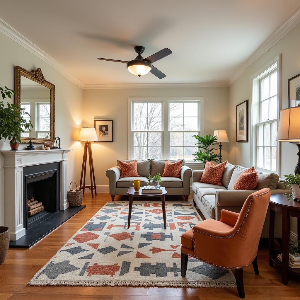 A vintage-inspired living room featuring art deco switch plates