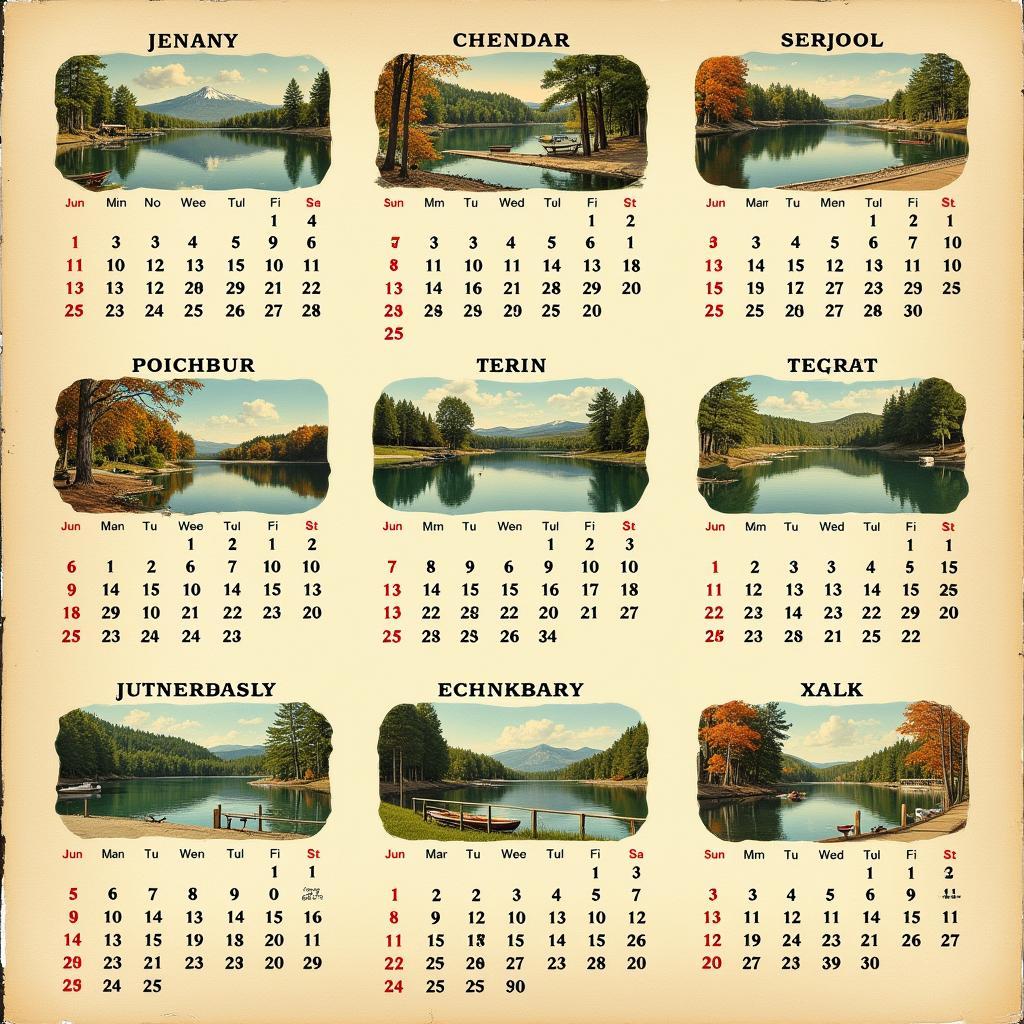 Vintage Calendar Featuring Lake Illustrations