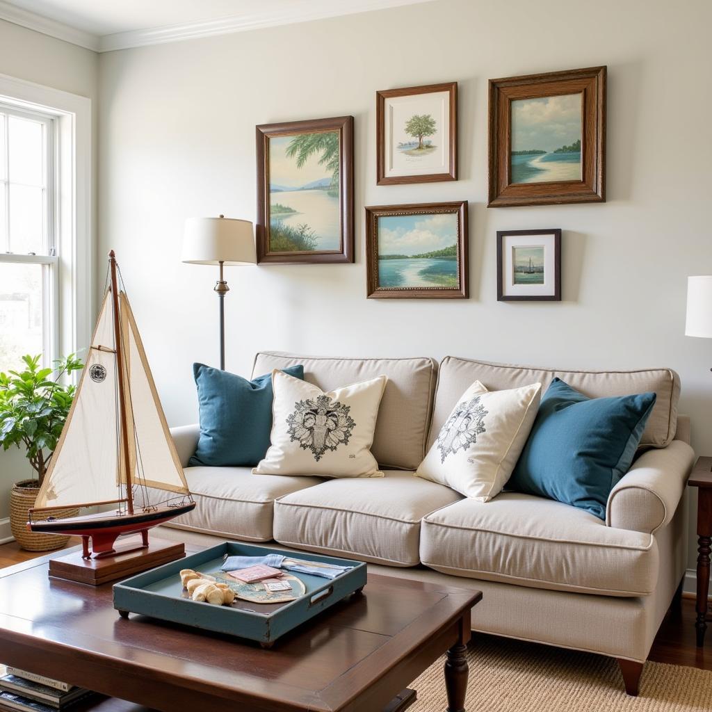 Living Room Decorated with Vintage Lake Art